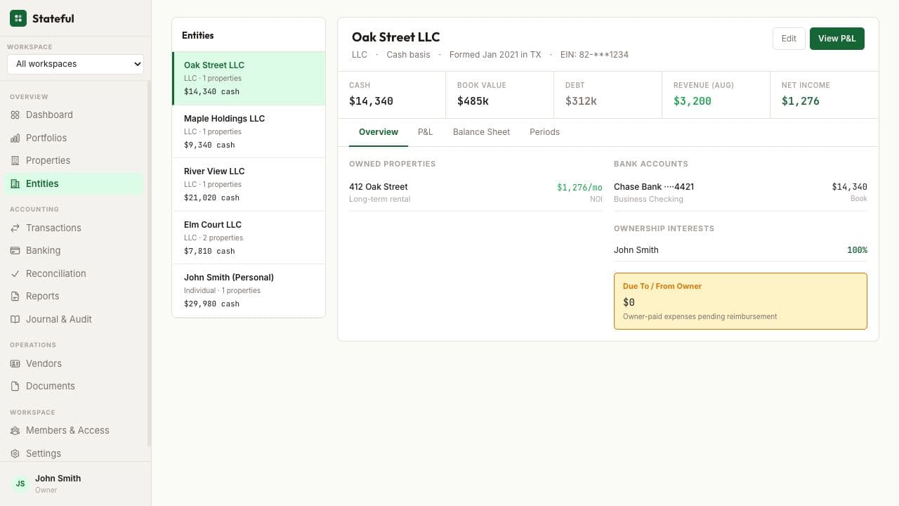 Stateful entity design preview showing legal ownership, property details, and entity financial balances