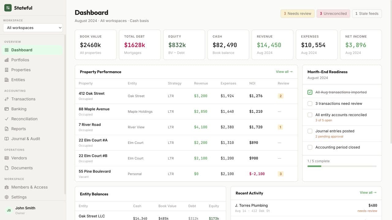 Stateful design preview showing property performance and separate entity balances with sample data